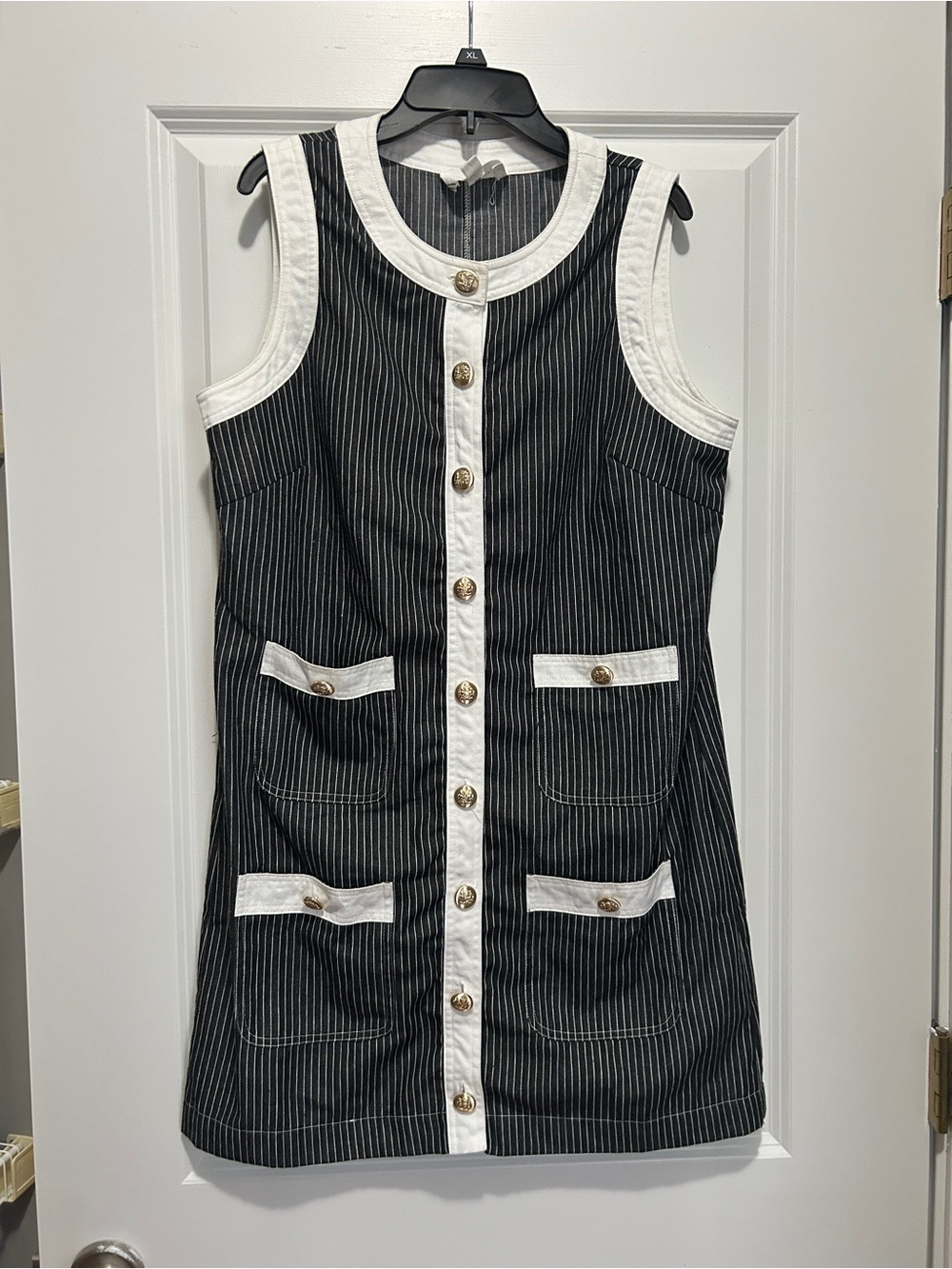Pomander Place Black Pinstripe Shift Dress with White Trim